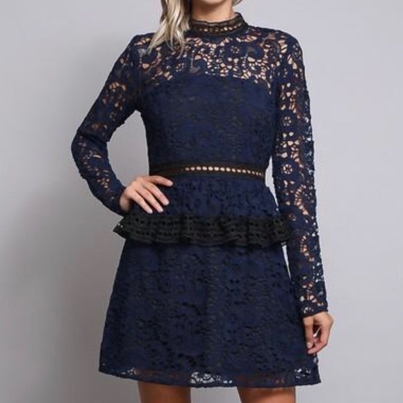 ❗️CLOSING SALE❗️ Navy Lace Ruffle Bottom Dress - Picture 4 of 4